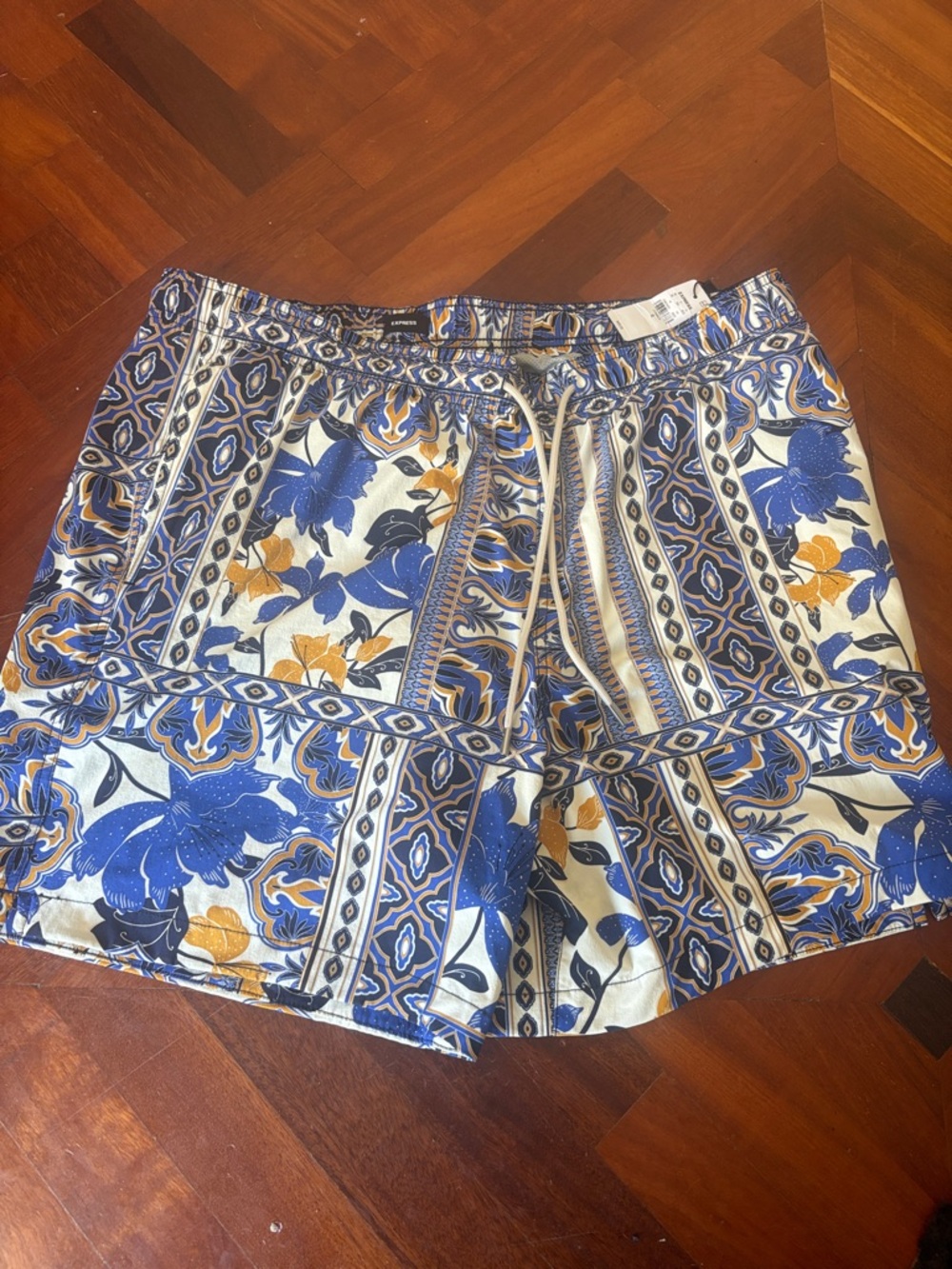 Express Men’s Floral & Tile Print Athletic Shorts - Blue, White, Gold